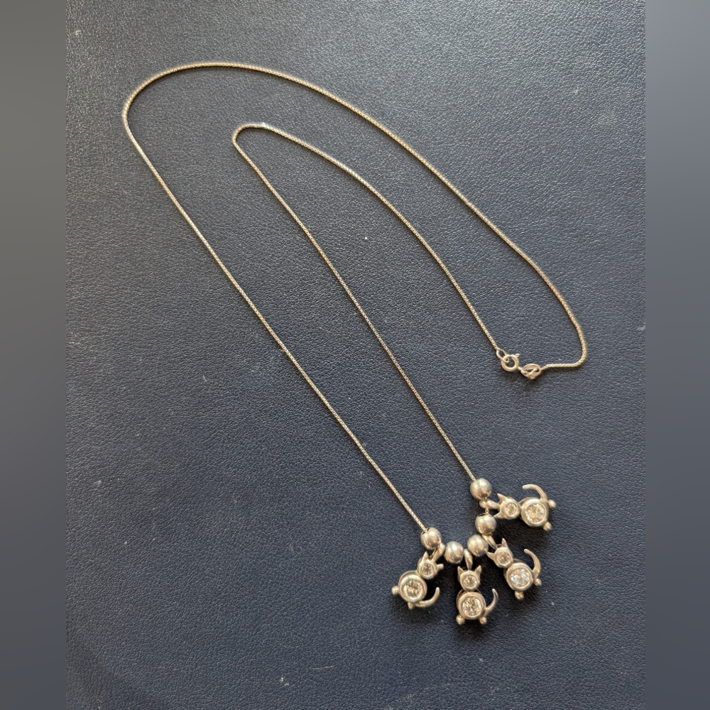 Sterling Silver 925 cat necklace with 4 silver cat charms and 4 silver beads